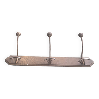 Wall coat rack, 3 hooks, in wood and metal art deco