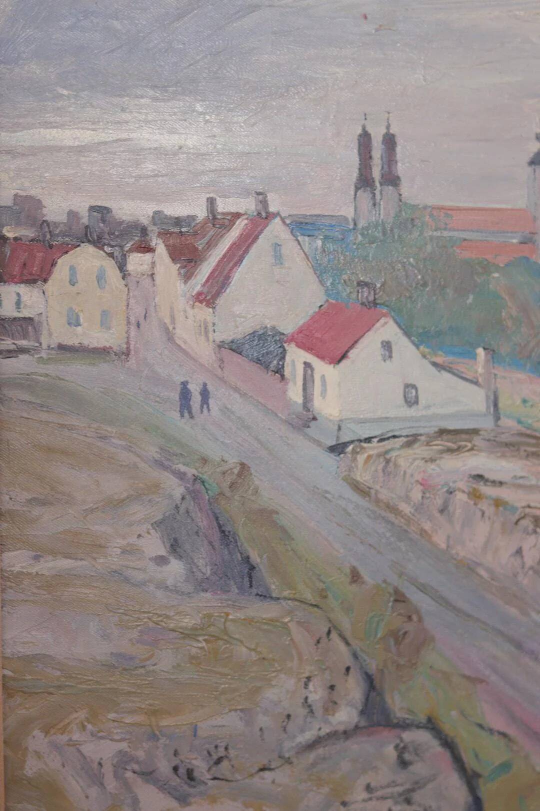 Original Swedish Oil on Panel – “Village Scene II” by E. R. Olsson – Signed