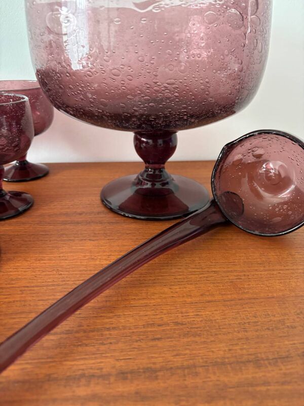 Service à punch vintage  – Verre bullé artisanal, coupe ou louche