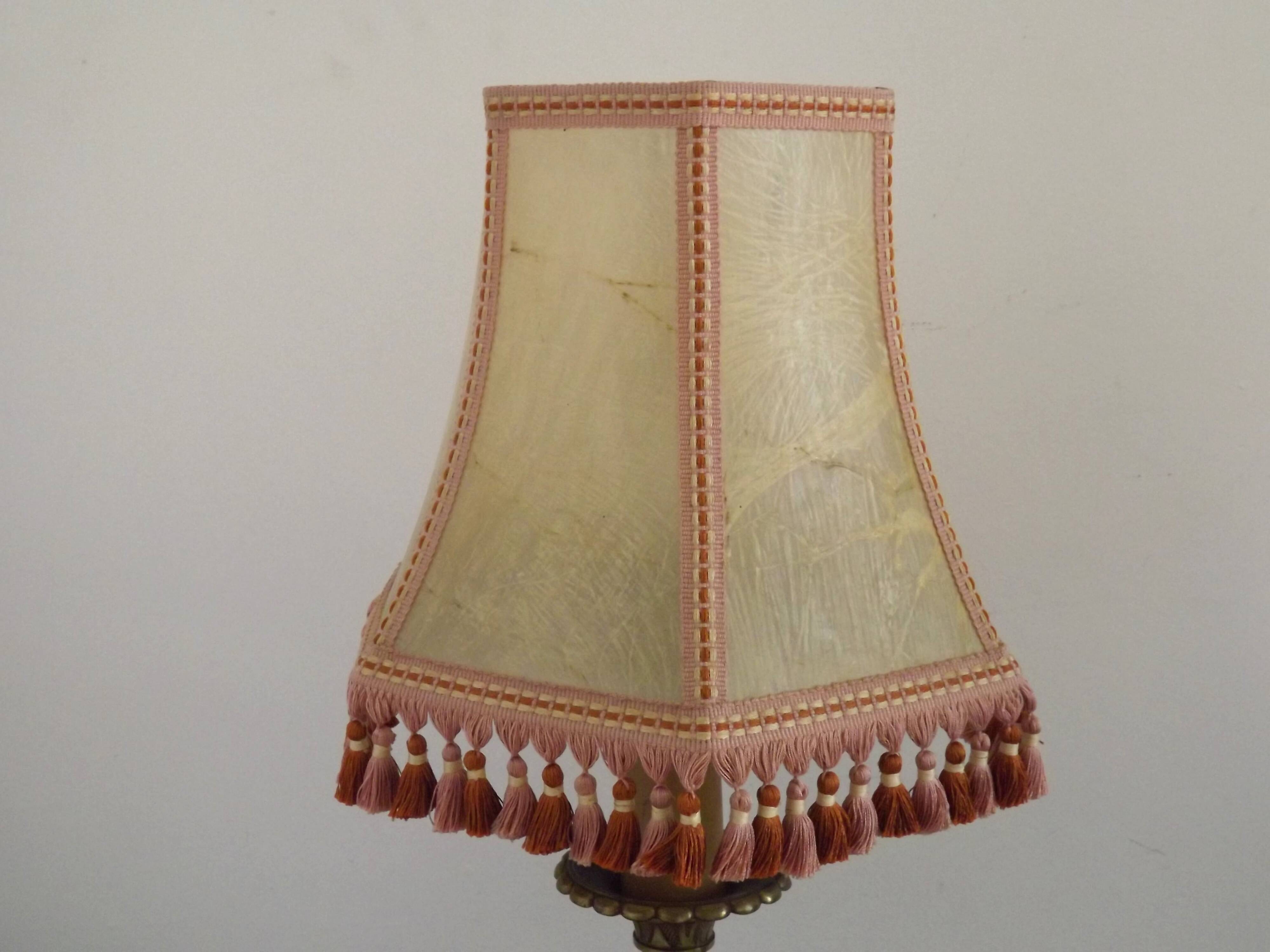 French Empire Style Green & Gold Brass Candlestick Table Lamp & Hide Shade