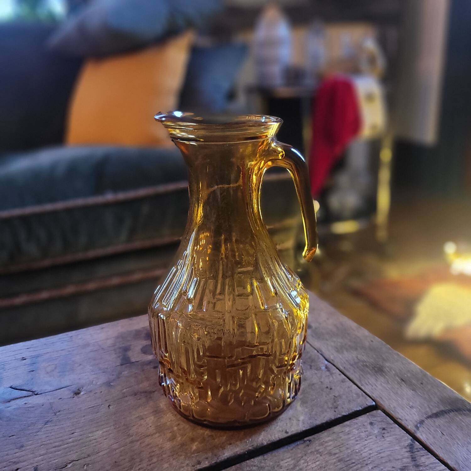 Amber relief glass pitcher. 1970s