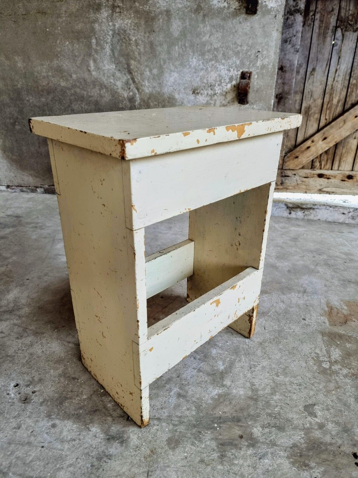 Vintage wooden stool side table creamy white
