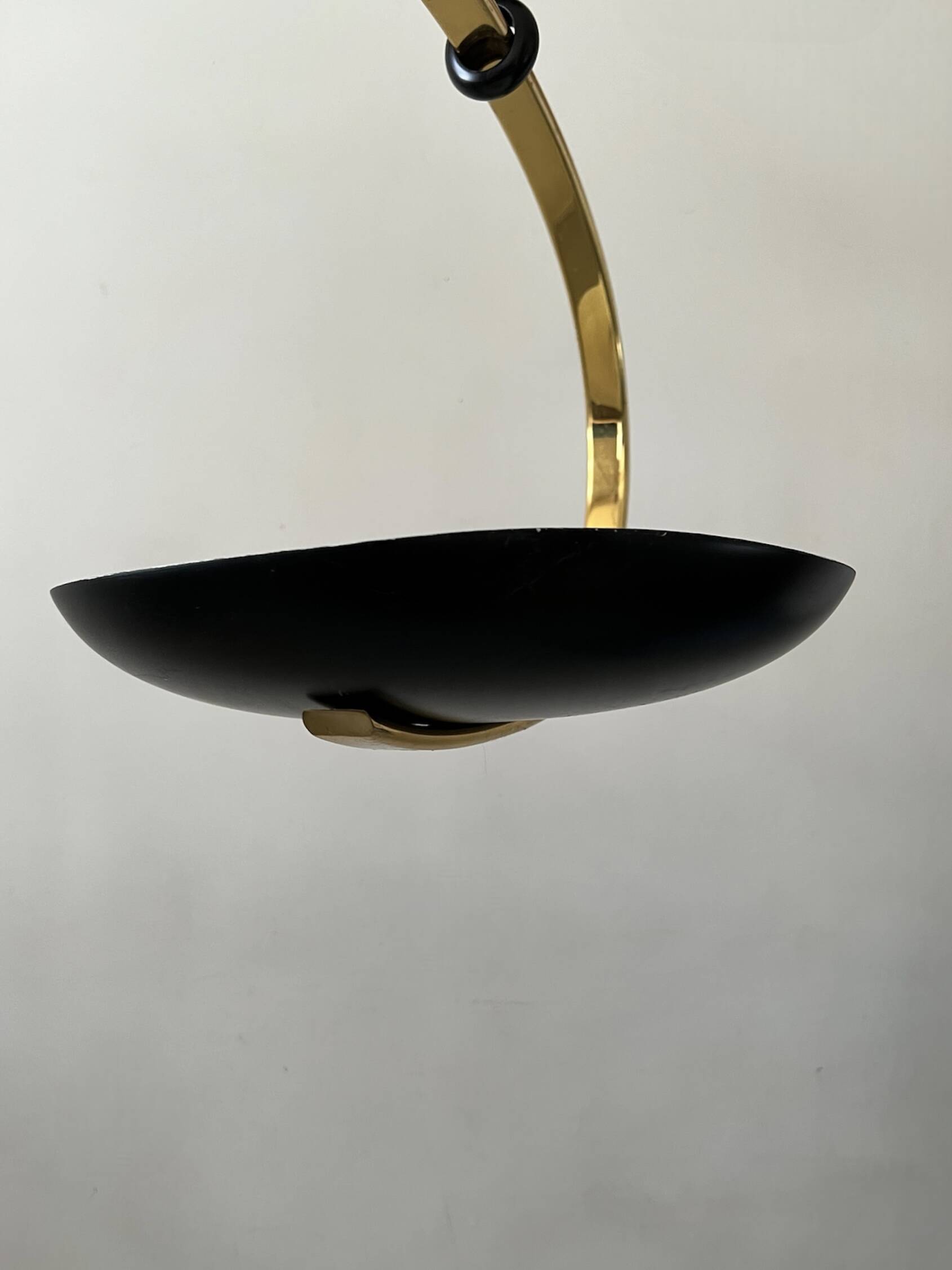 Black metal and brass arc pendant light "Les Activités" by Lucien Gau, Paris 1960