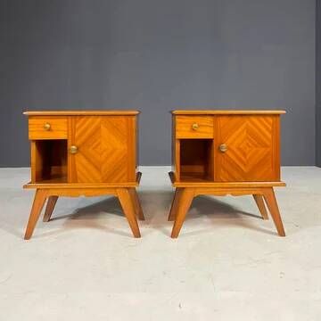 Pair of vintage mid-century modern wooden bedside tables / nightstands