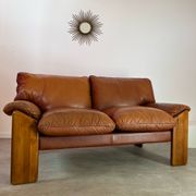 Old 2-seater leather and walnut sofa design 70s Mobil Girgi Mario Marenco vintage Italy