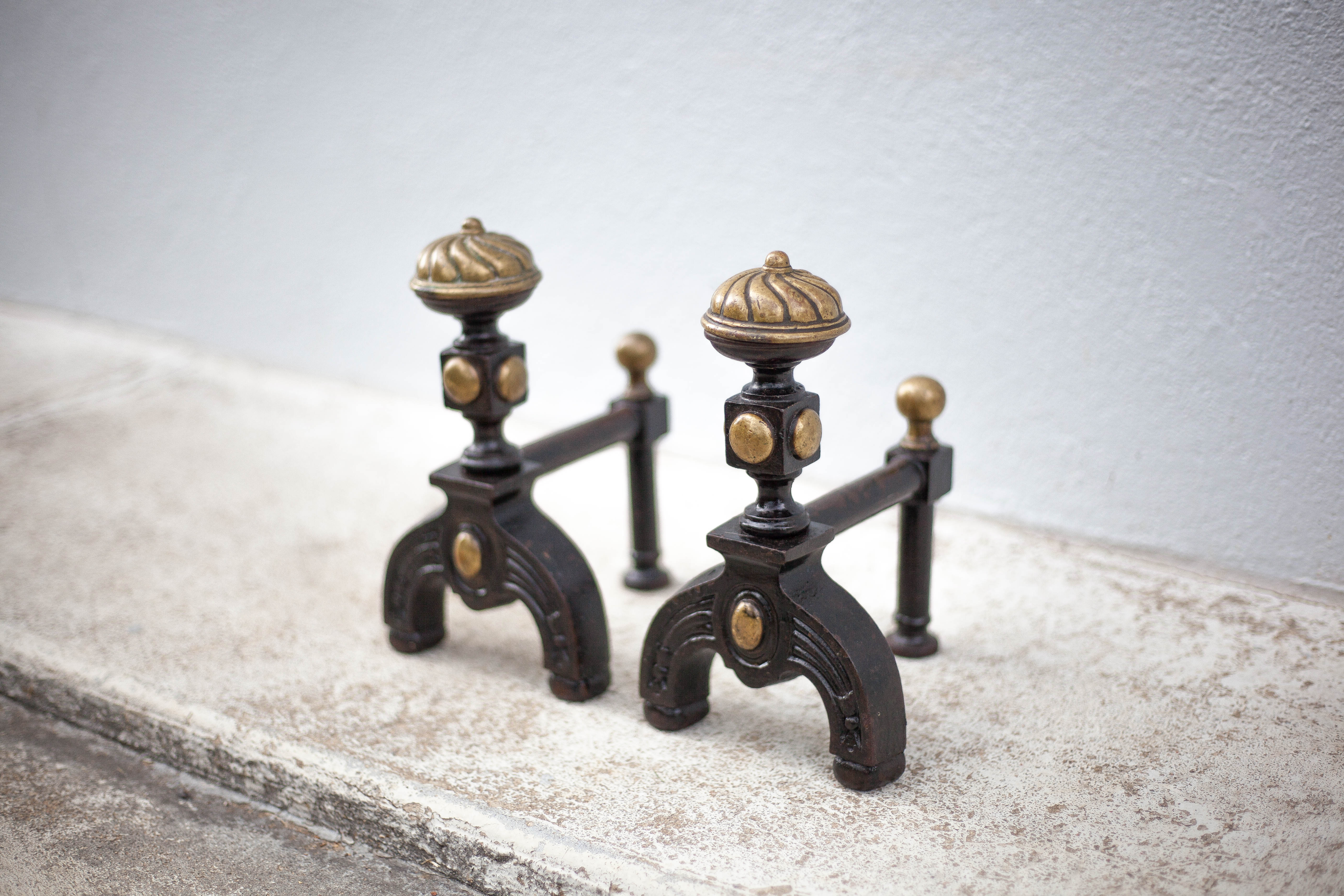 Vintage fireplace pegs, empire style cast iron and brass pegs, fireplace accessories