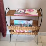Antique magazine rack made of iron and woven rattan wicker