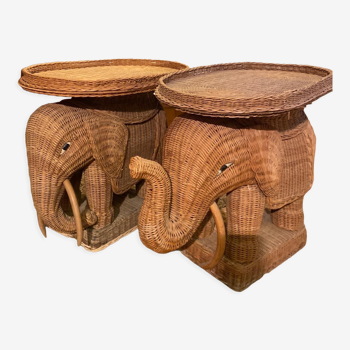 Pair of elephant-shaped sofa ends in wicker 1970