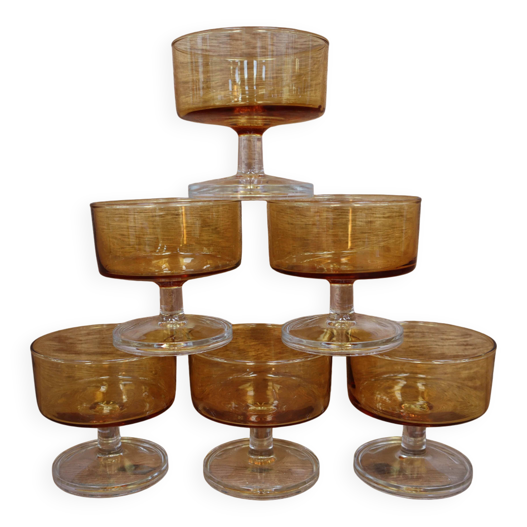 Lot of 6 Luminarc 70's amber champagne glasses