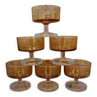 Lot of 6 Luminarc 70's amber champagne glasses