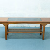 Cane, glass and teak coffee table