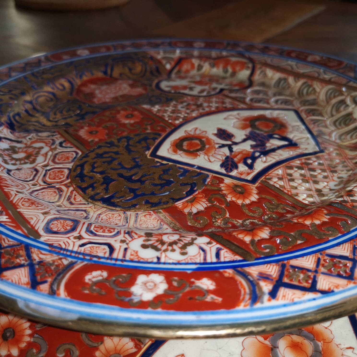 large Chinese imari plate or shallow bowl with flower and fan designs