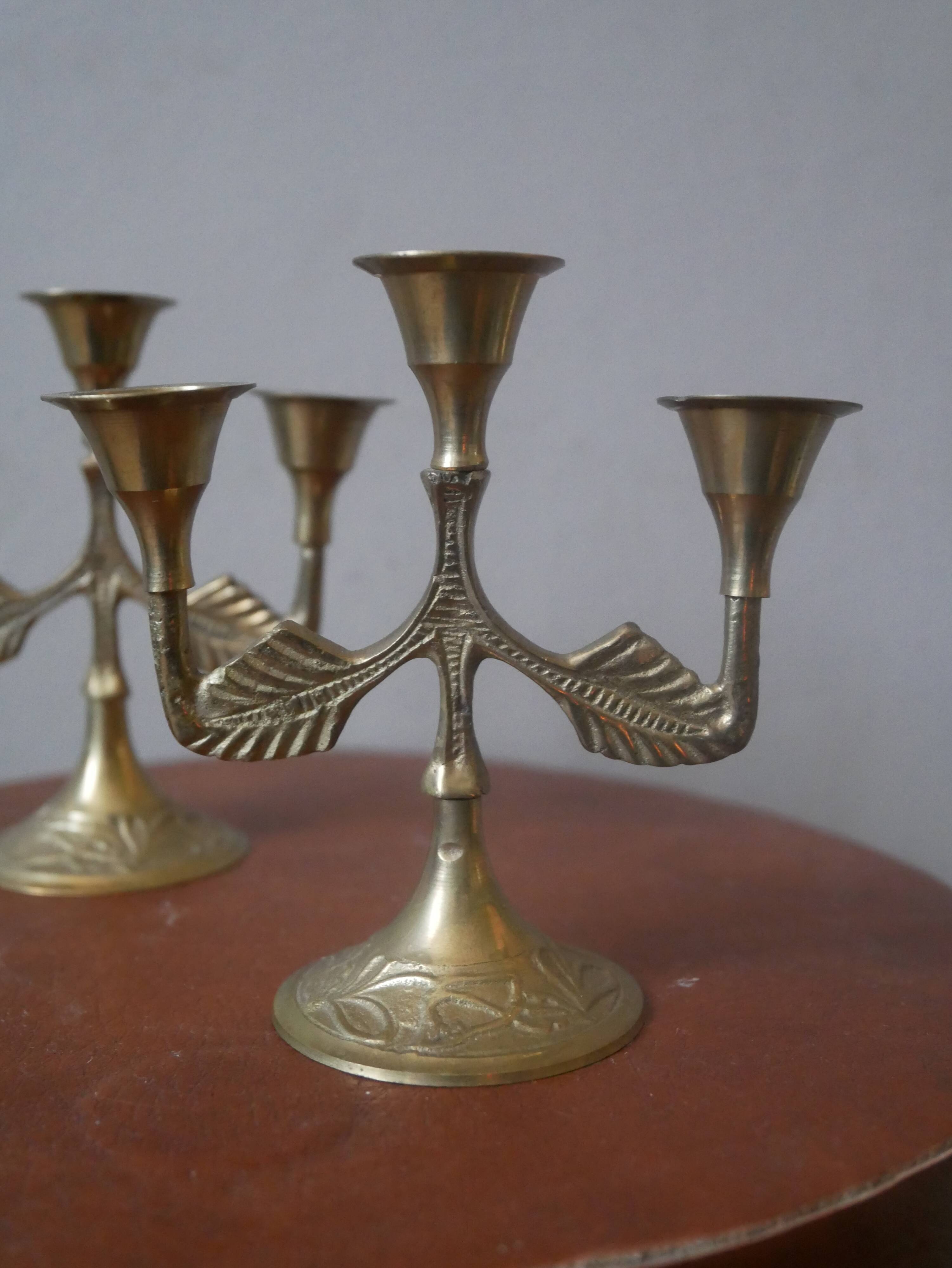 Pair of brass candlesticks in gold metal, Scandinavian bohemian decoration, old candlesticks