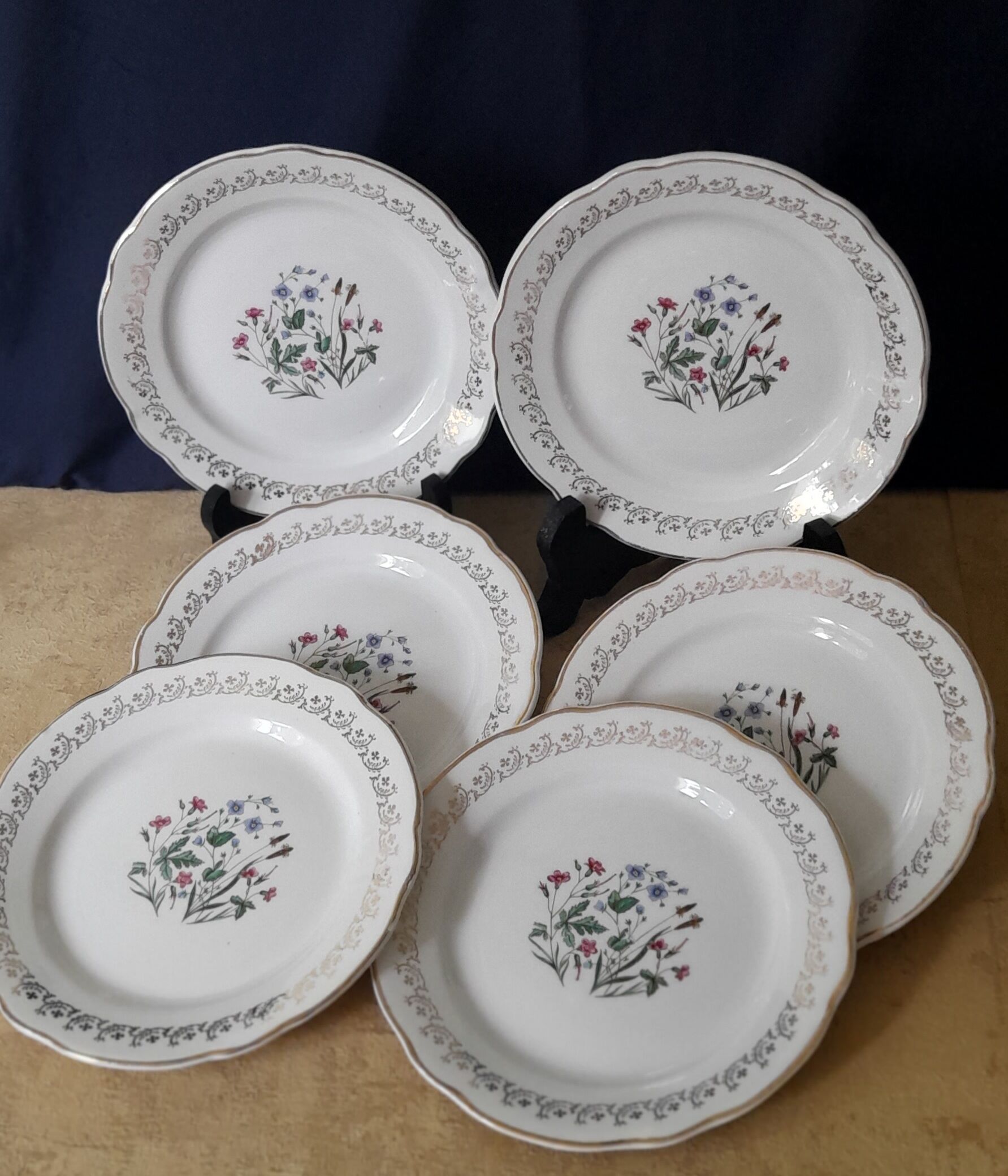 6 dessert plates floral and golden decoration - Model Printemps de Digoin - circa 1950