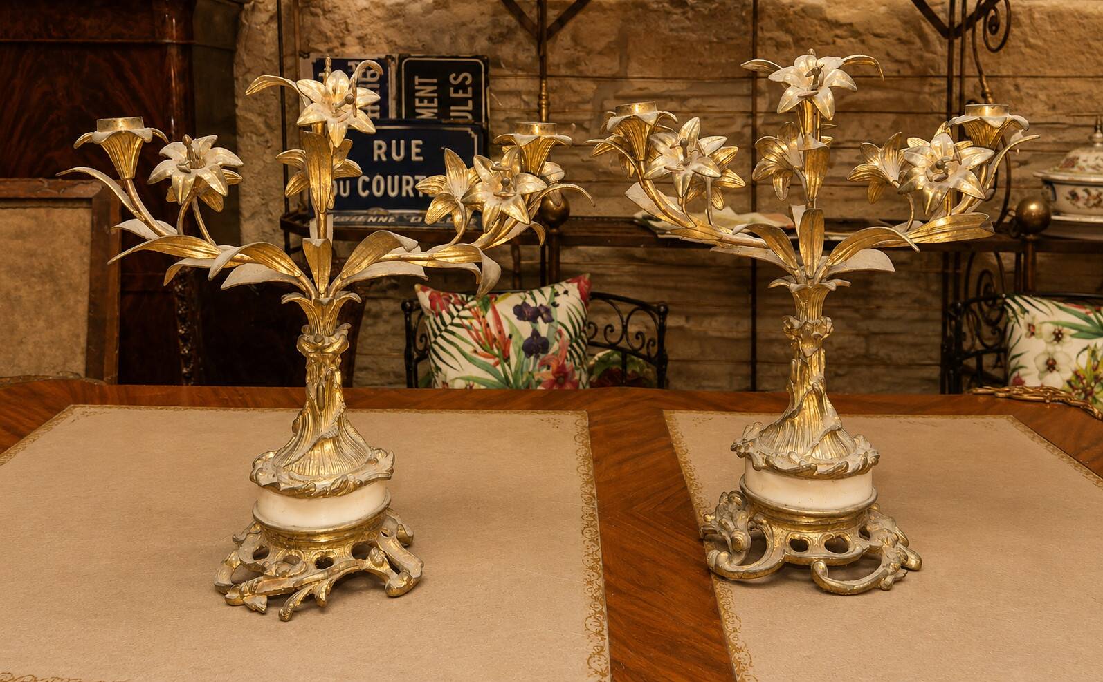 Pair of Louis XV Rocaille Style Candle Holders in Gilded Bronze and Marble