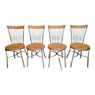 Lot suite série de 4 chaises Vintage en bois et métal chromé