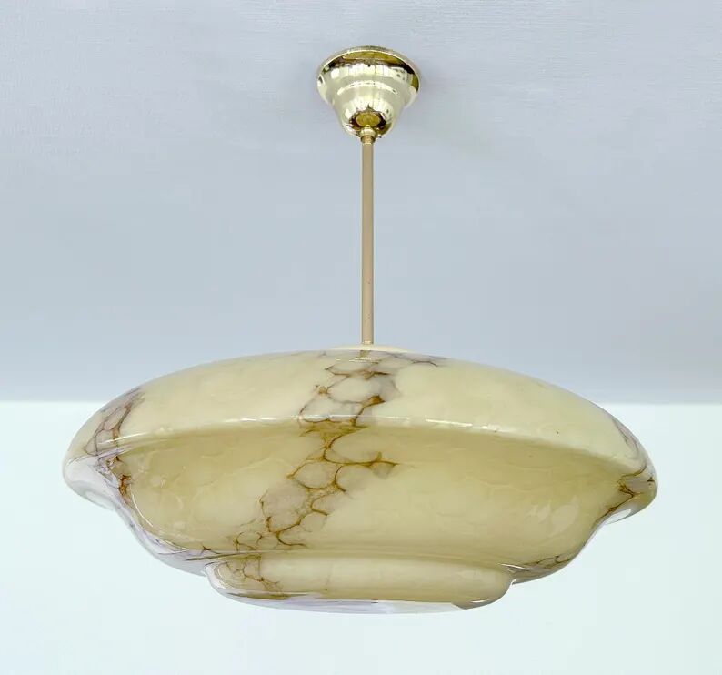Art Deco Pendant Light, Marble Glass Amber Ivory, Alabaster Style, Vintage Chandelier