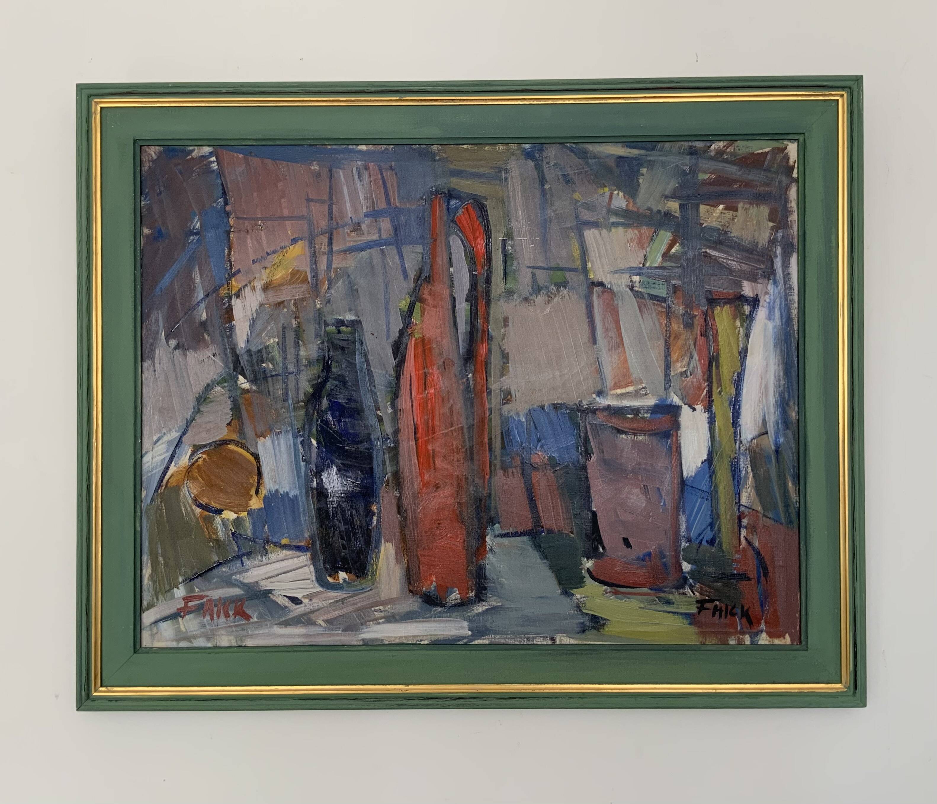 Vintage Modernists Oil Painting Still Life With Red Bottle, Signed Falck