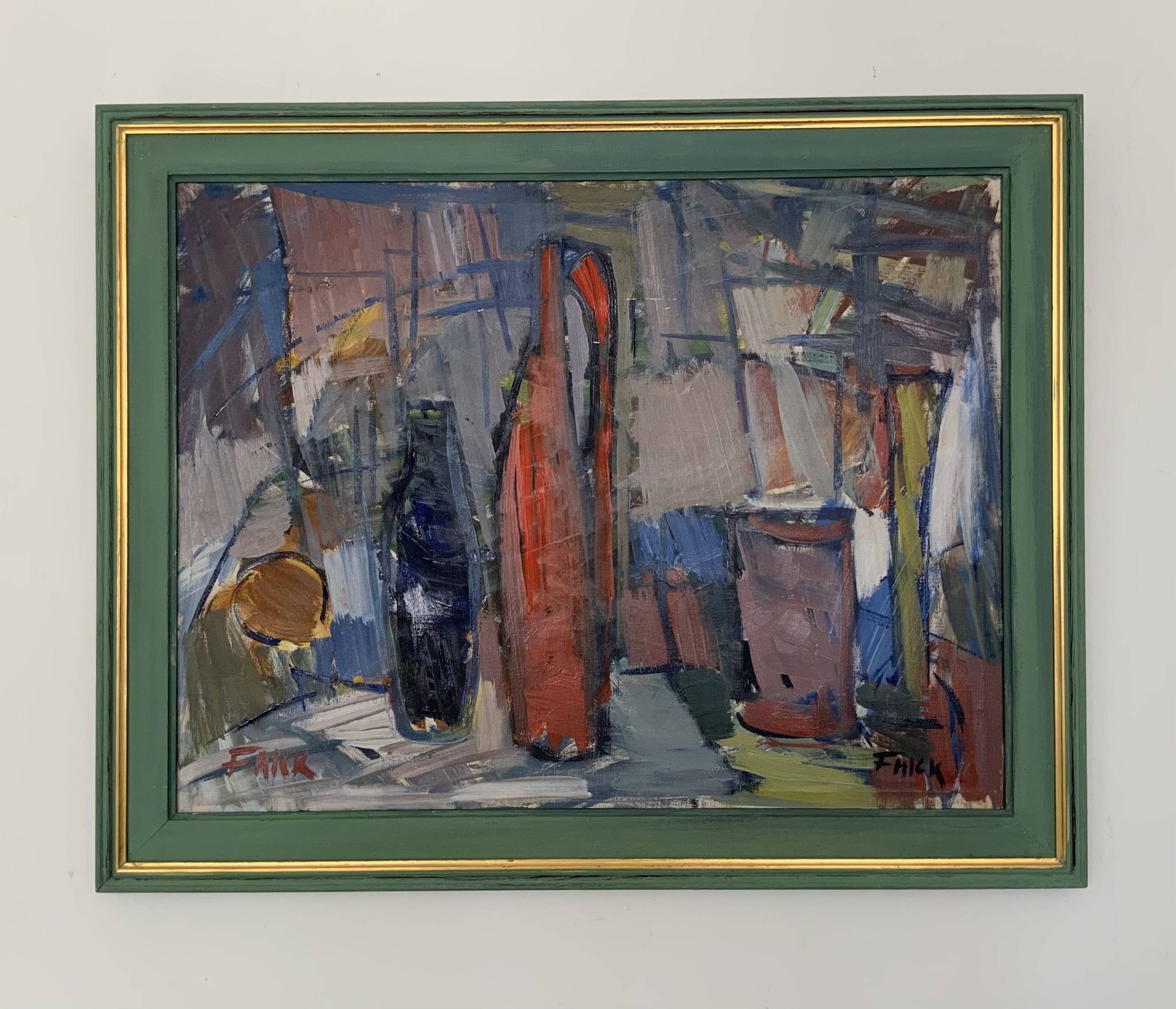 Vintage Modernists Oil Painting Still Life With Red Bottle, Signed Falck
