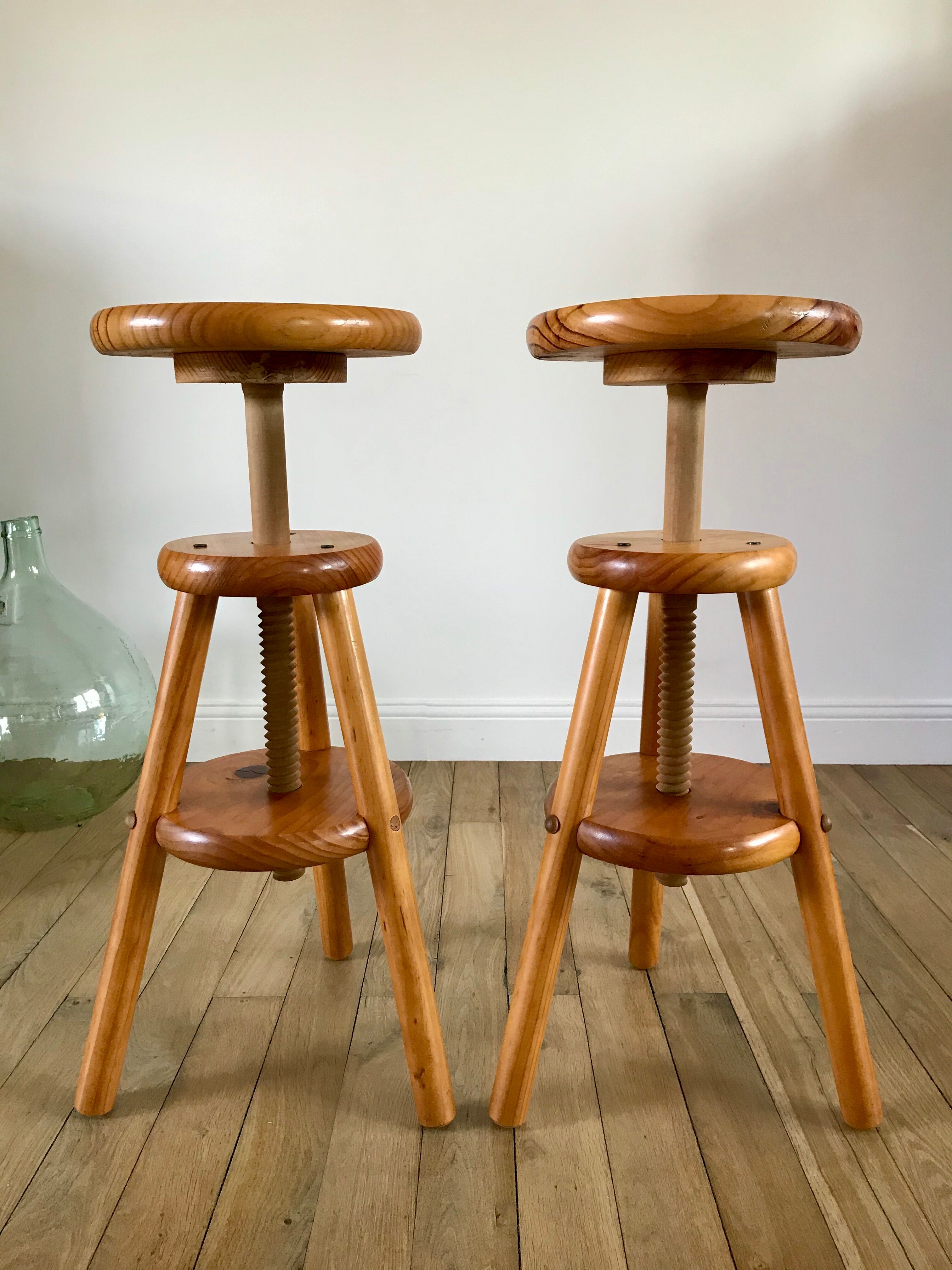 pair of adjustable architect stools pine style 60s