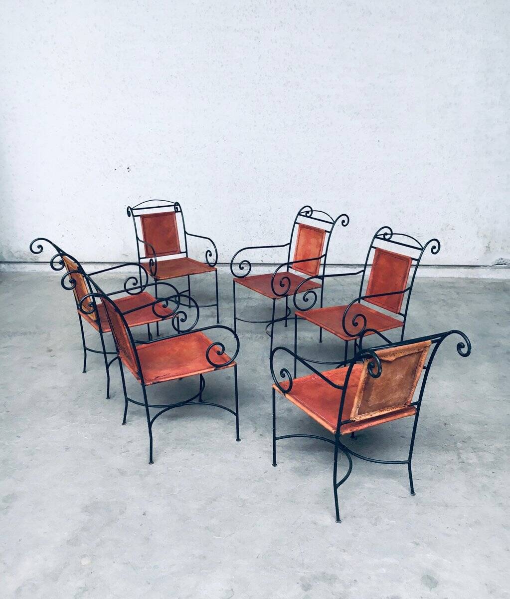 Wrought Iron and Leather Swirl Dining Chairs, Spain, 1960s, Set of 6