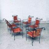 Wrought Iron and Leather Swirl Dining Chairs, Spain, 1960s, Set of 6