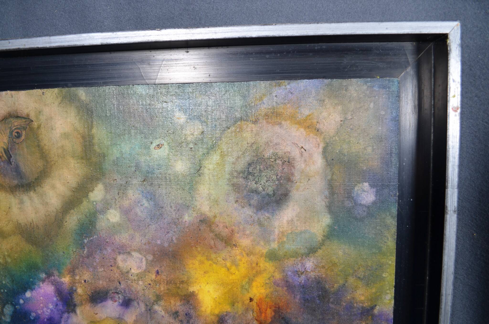 R. Bouvier (20th century) Surrealist composition Signed mounted canvas