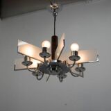 Six-Arm Art Deco Chandelier in Chrome and Sandblasted Glass, 1940s