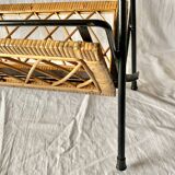 Vintage magazine rack in black metal, wood and rattan with ceramic ashtray