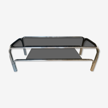 Coffee table in chromed metal and smoked glass