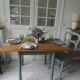 Table, vintage desk with smoked green legs and an oak top.