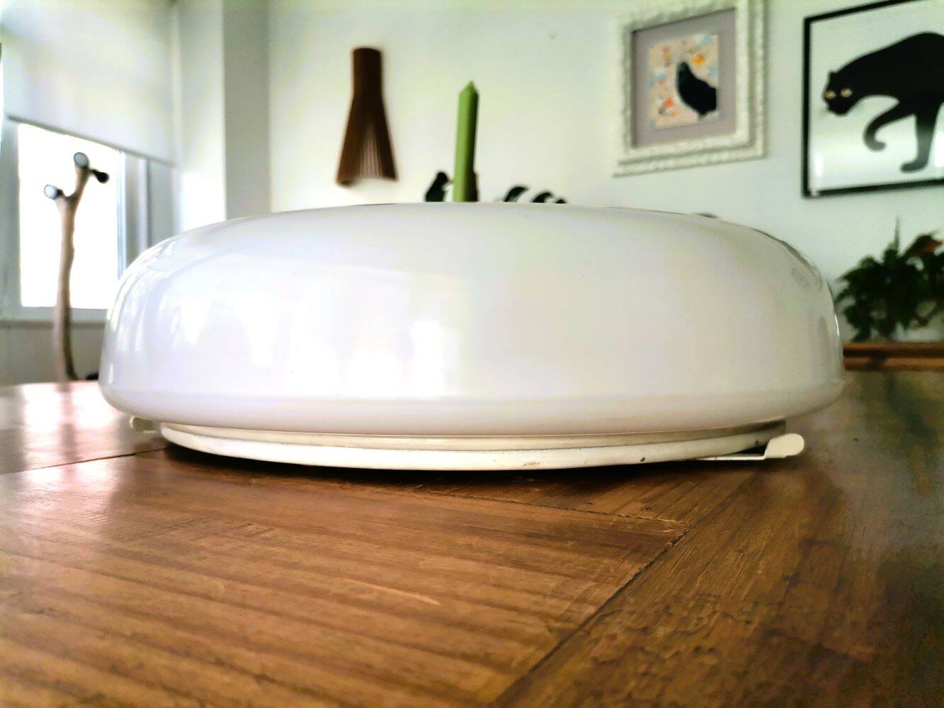 Large Italian glossy white acrylic minimalist pill flush mount ceiling fixture lamp. 1960s