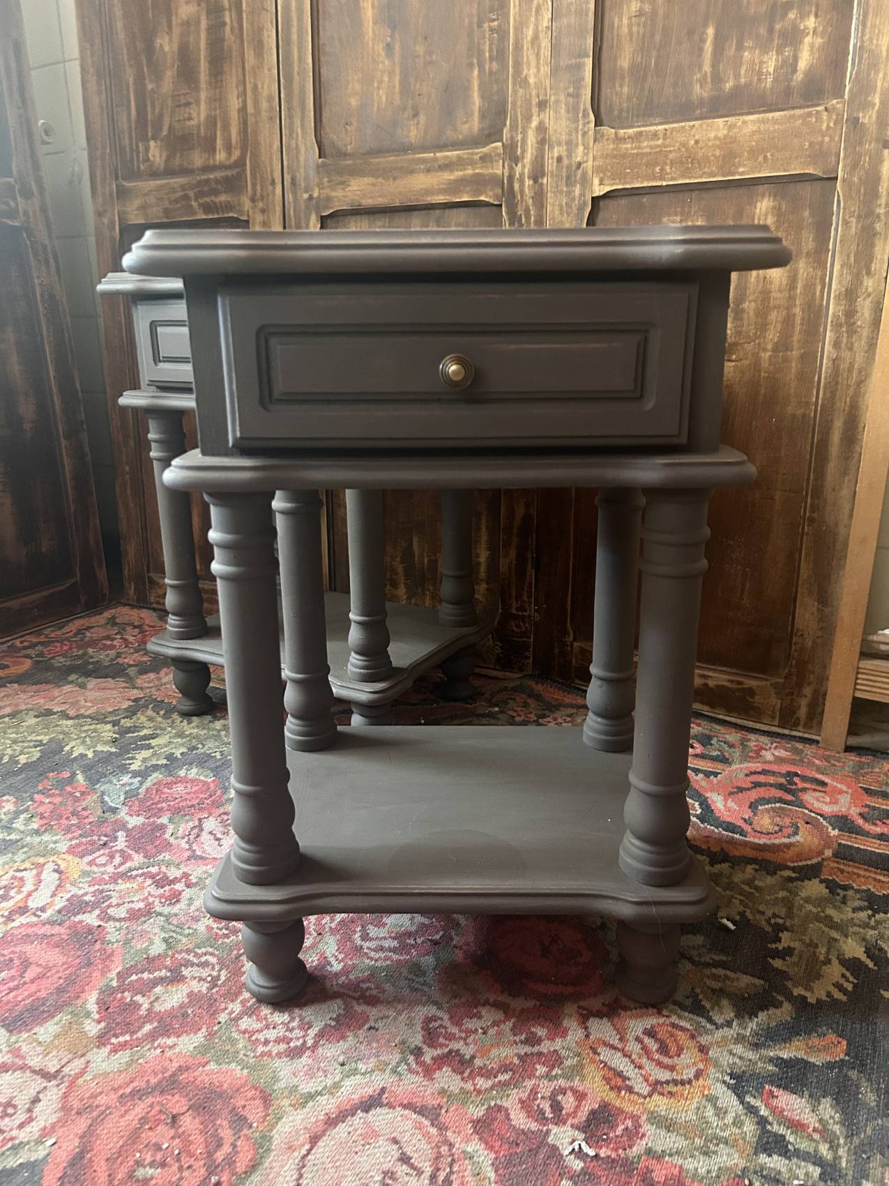 Pair of vintage bedside tables in fir, reimagined – waxed finish – both elegant.