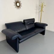 3-seater navy blue leather sofa, design by De Sede DS10, vintage 90s.
