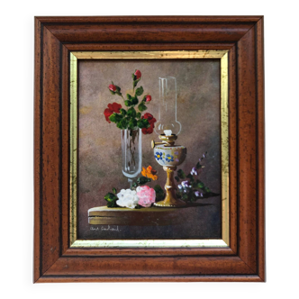 Petite Peinture, Fleurs et lampe à huile, signé, années 1970