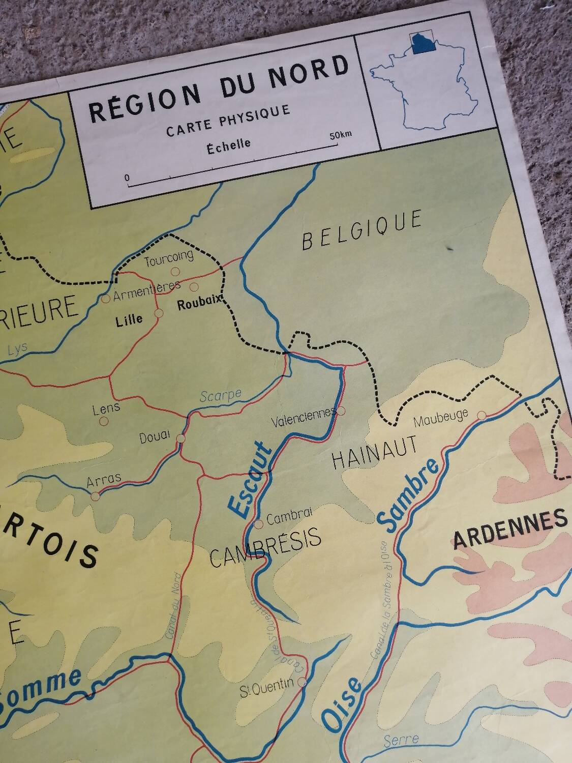 Vintage school map of France, Northern and Eastern Regions