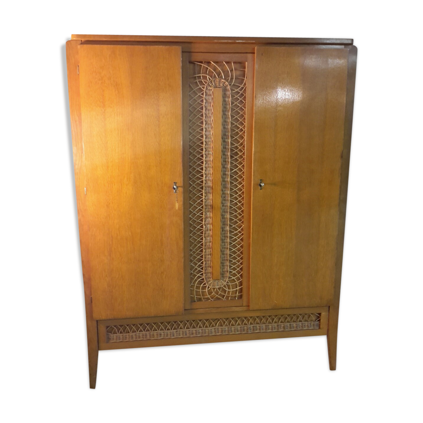 Cabinet vintage wood and rattan feet compass 60s