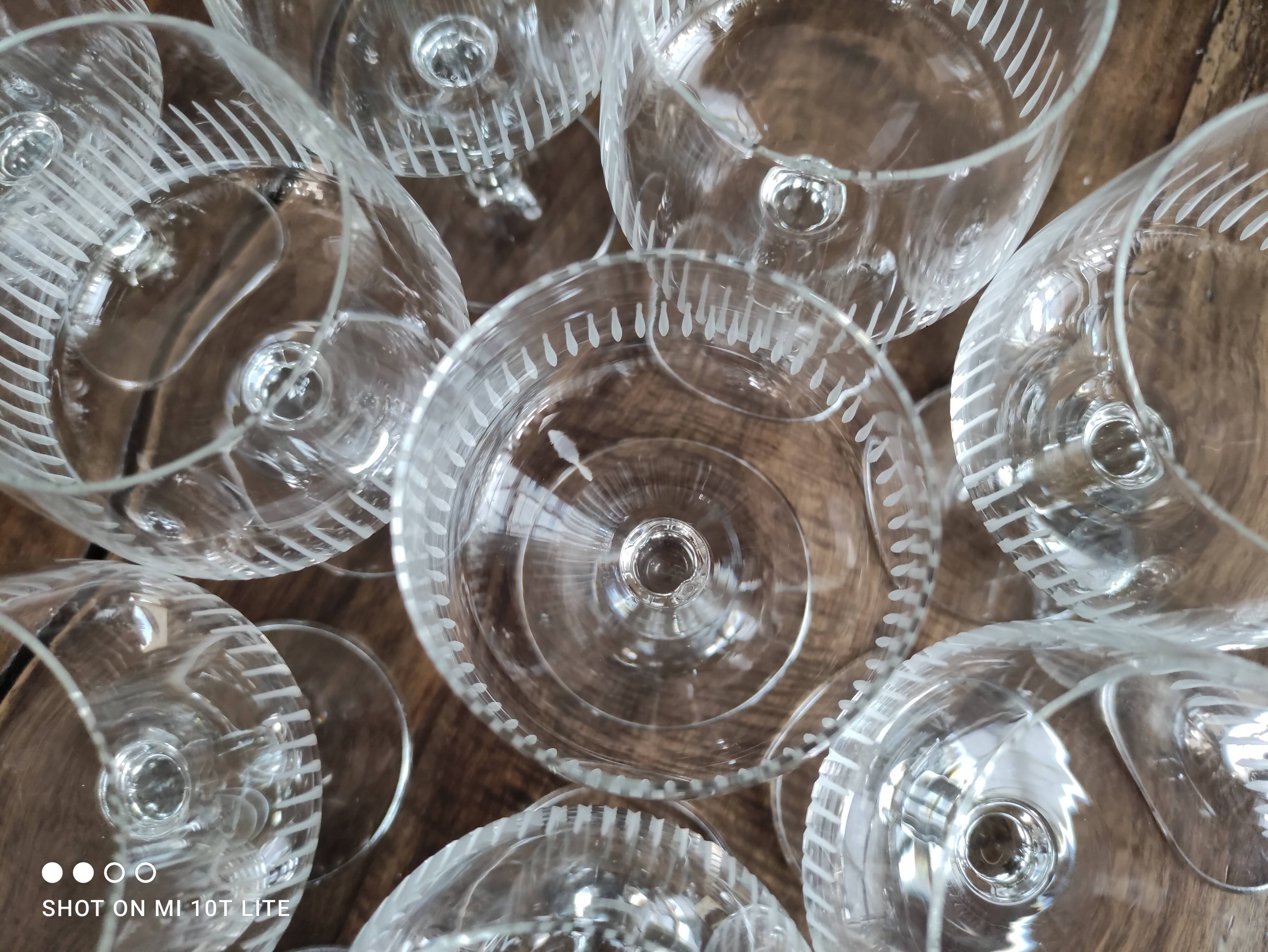 Set of 11 old wine glasses shaped chiseled crystal balloons