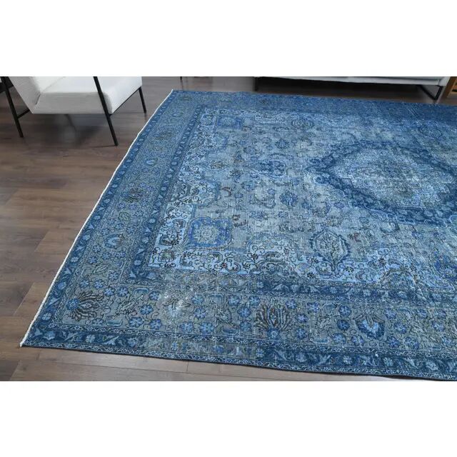 1970s Vintage Persian Handmade Wool Cotton Blue Area Rug 297x385
