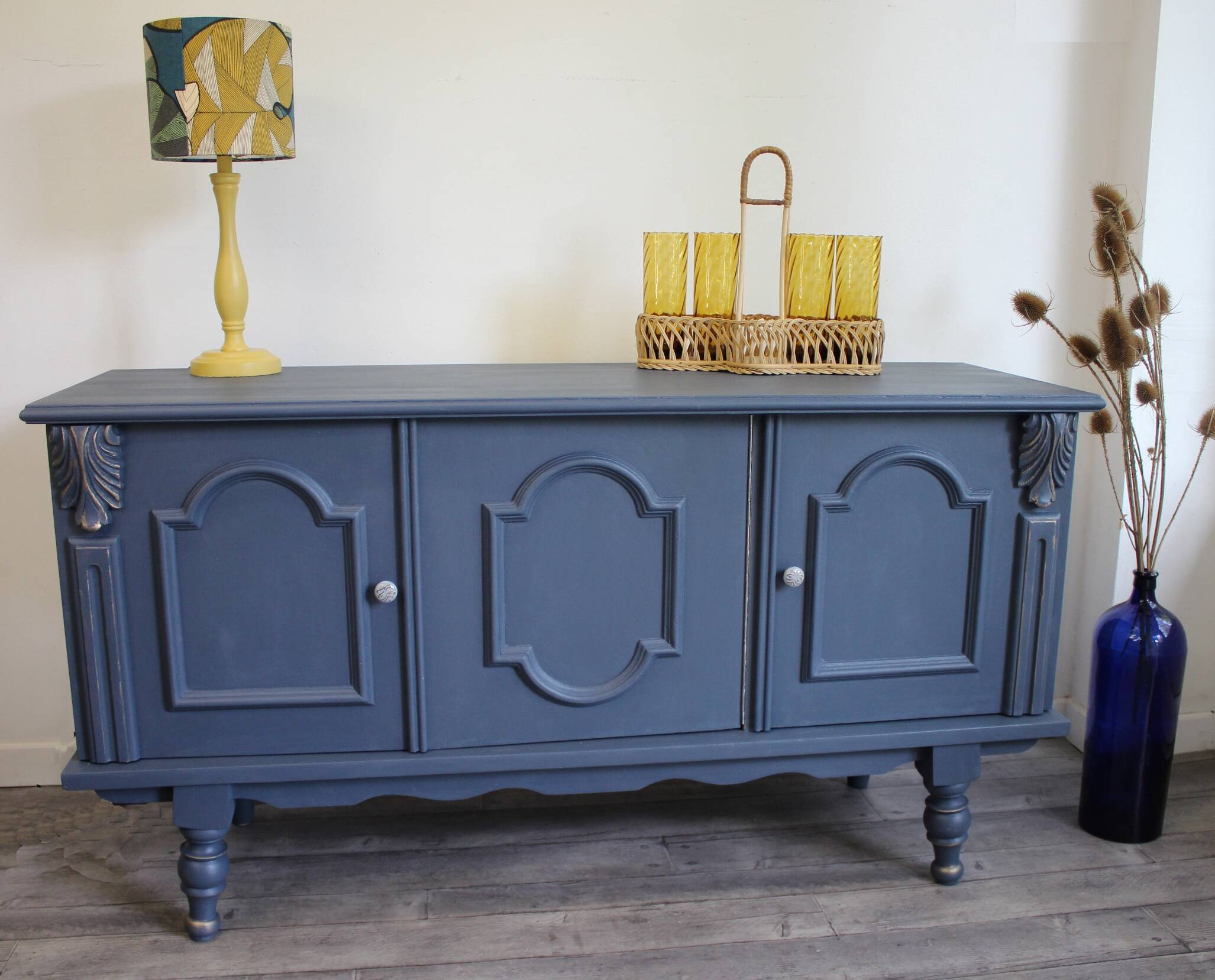 Blue and gold 3-door sideboard