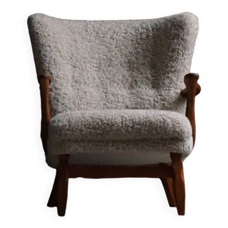 Viggo Boesen, Lounge Chair in Oak and Sheepskin Shearling, Modern Danish, 1950s