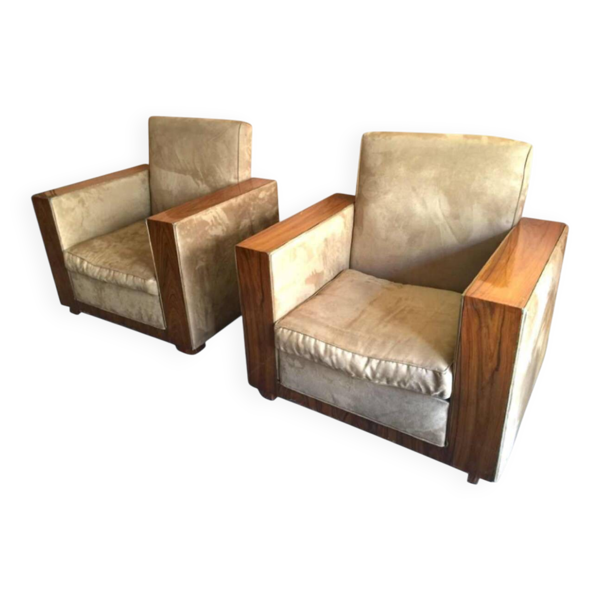 Paire de fauteuils Art Déco modernistes en alcantara et noyer, 1930