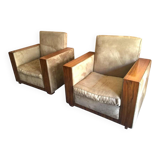 Pair of modernist Art Deco armchairs in alcantara and walnut, 1930