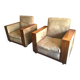 Pair of modernist Art Deco armchairs in alcantara and walnut, 1930