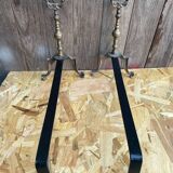 Pair of Antique Metal + Bronze Vintage Fireplace Andirons