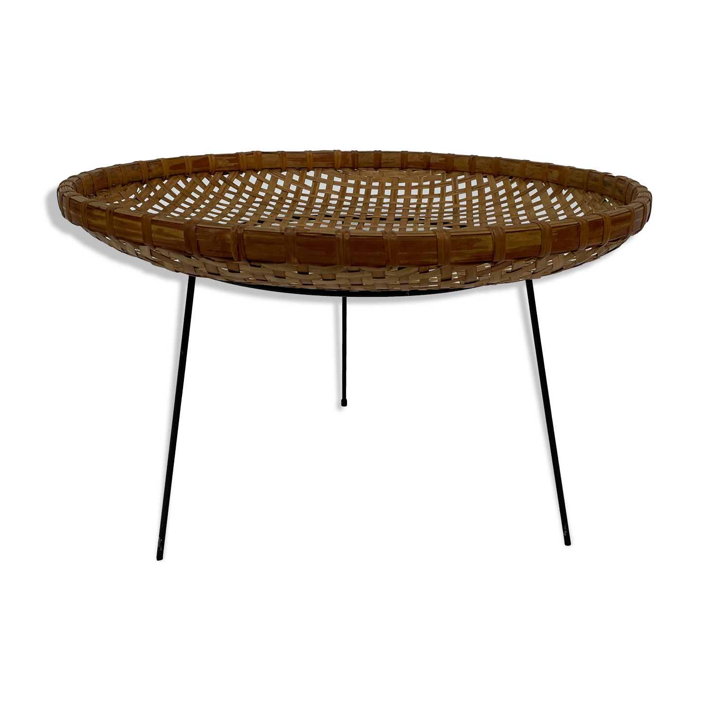 Rattan magazine rack on black metal frame, Artimeta, 1950
