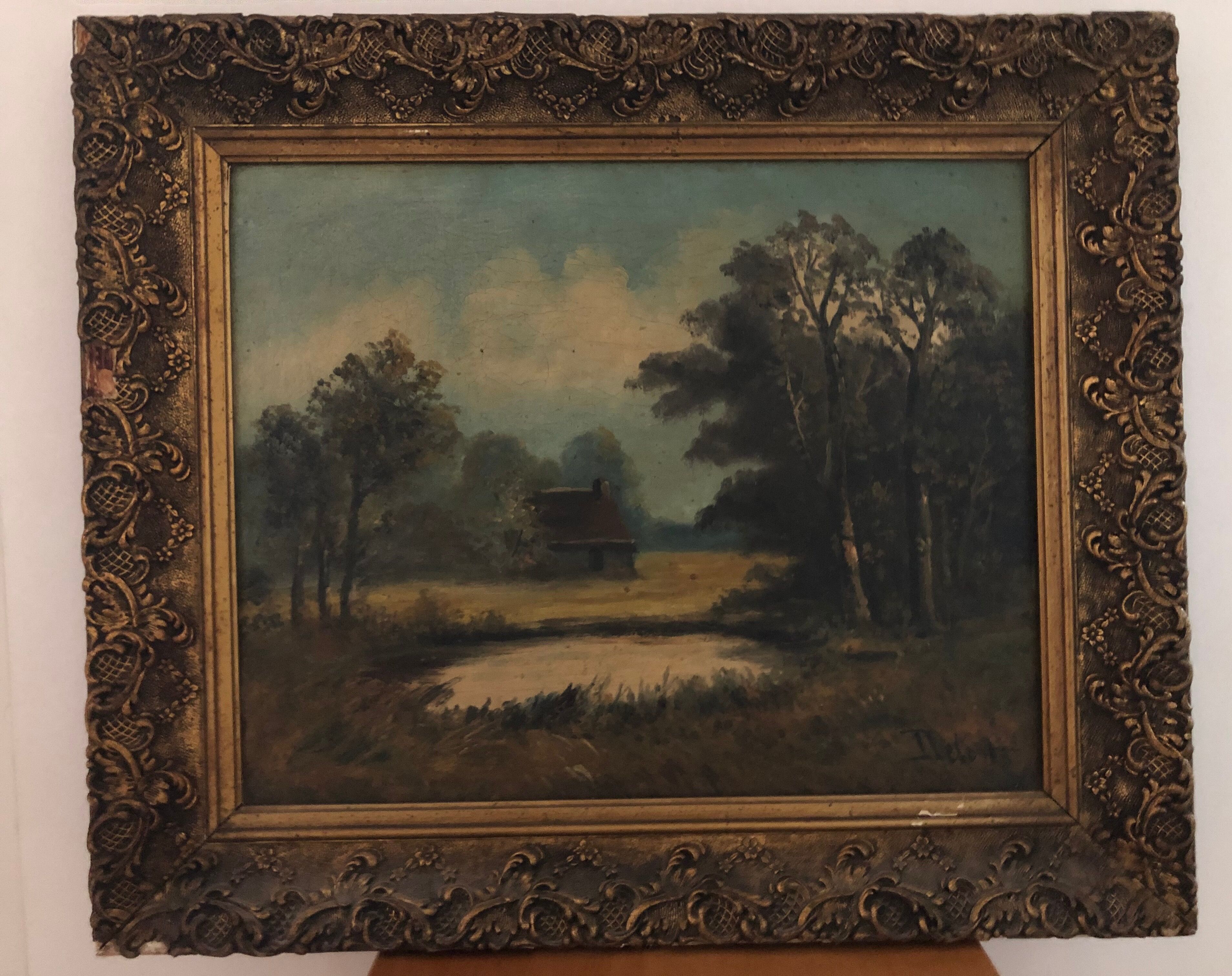 Huile sur toile paysage lacustre