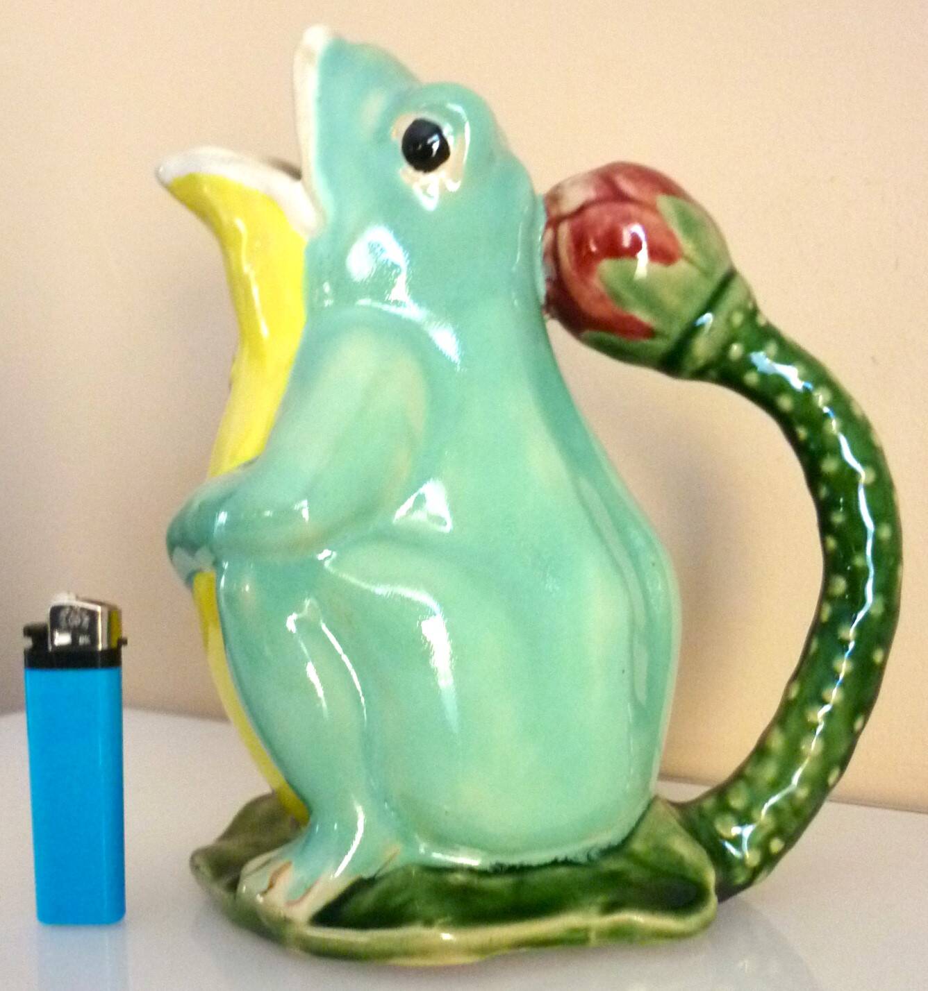 Frog pitcher, glazed ceramic, slipware, signed Athezza Franca