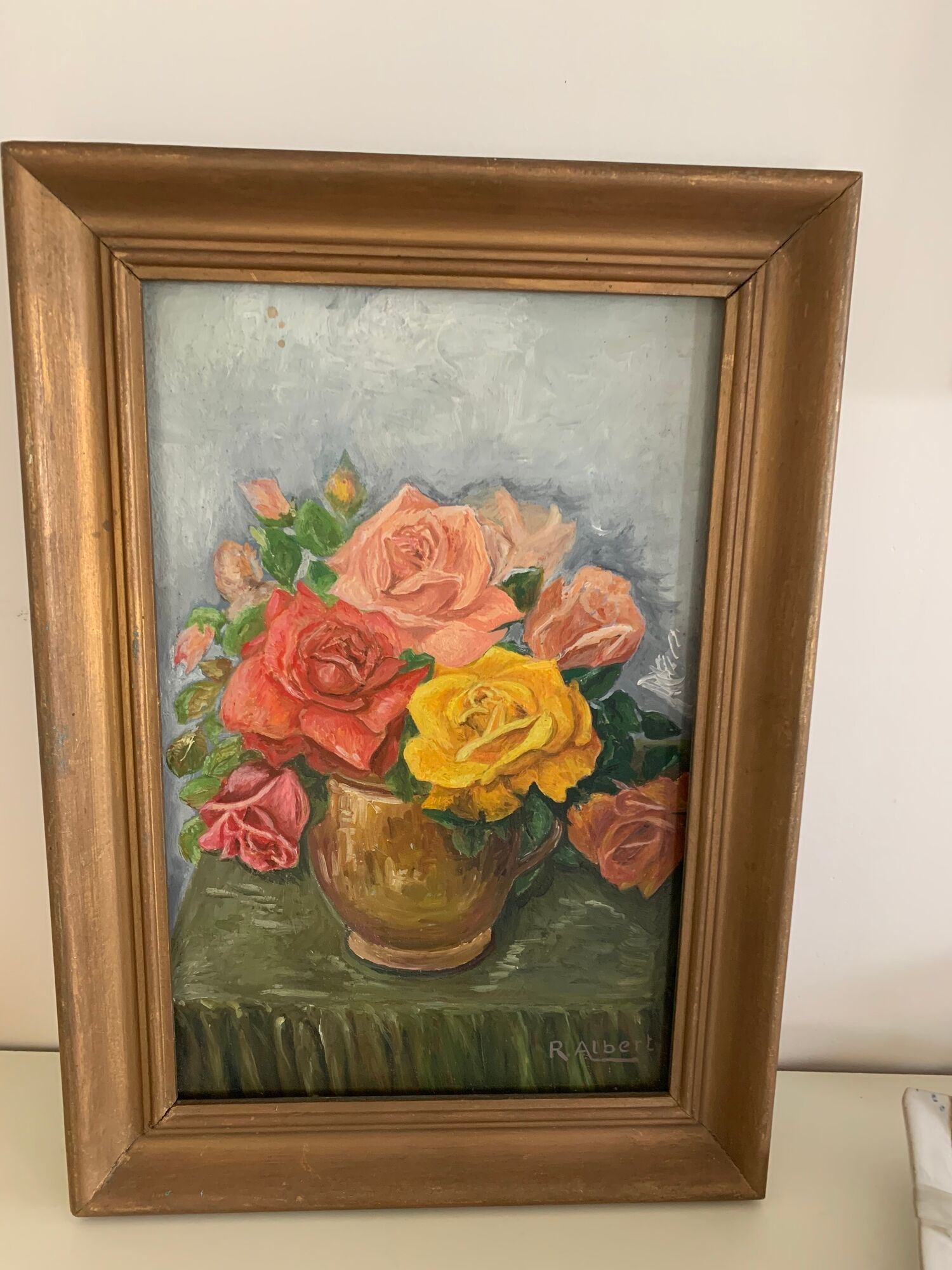 Painting on framed wood panel the bouquet of roses signed and vintage