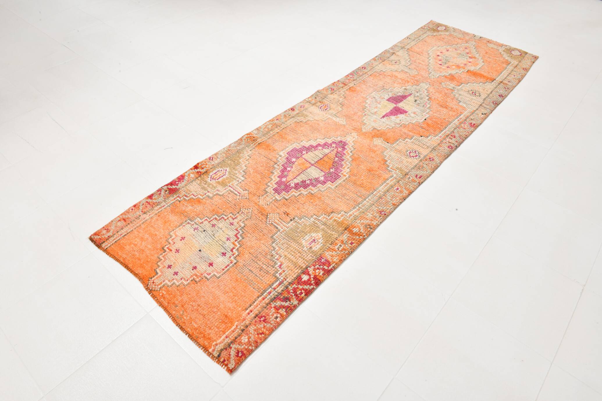 Pumpkin Orange & Pink Vintage Runner Rug, Anatolian Turkish Flatweave